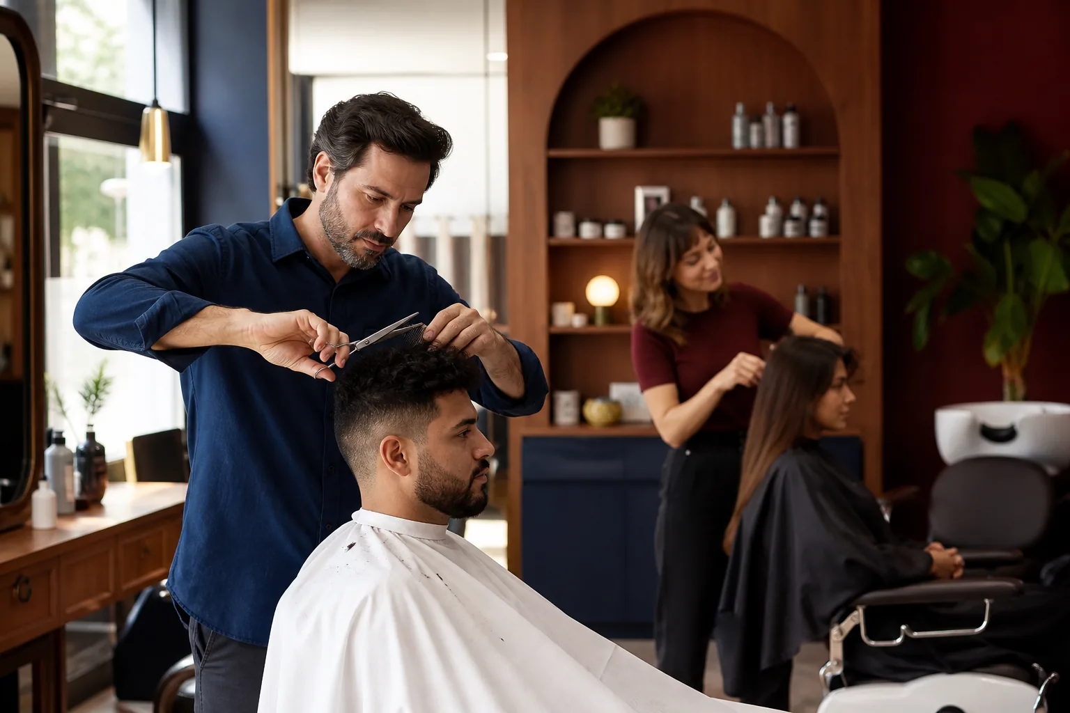 Barbeiro e cabeleireira a atender clientes num salão contemporâneo