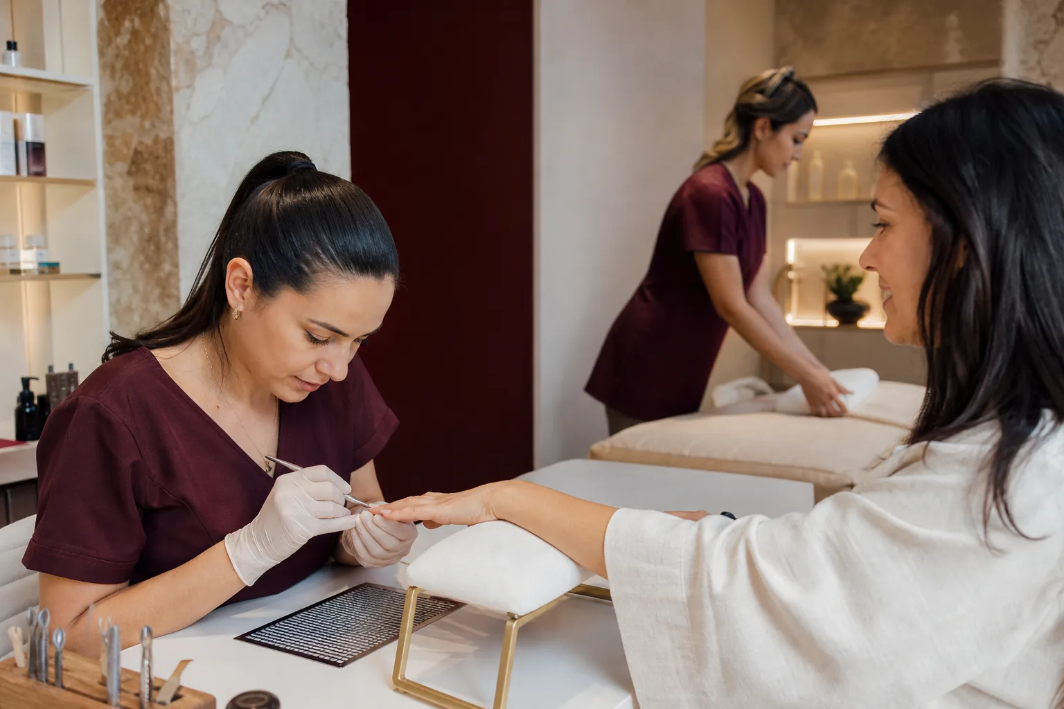 Profissional de unhas durante um atendimento de manicure